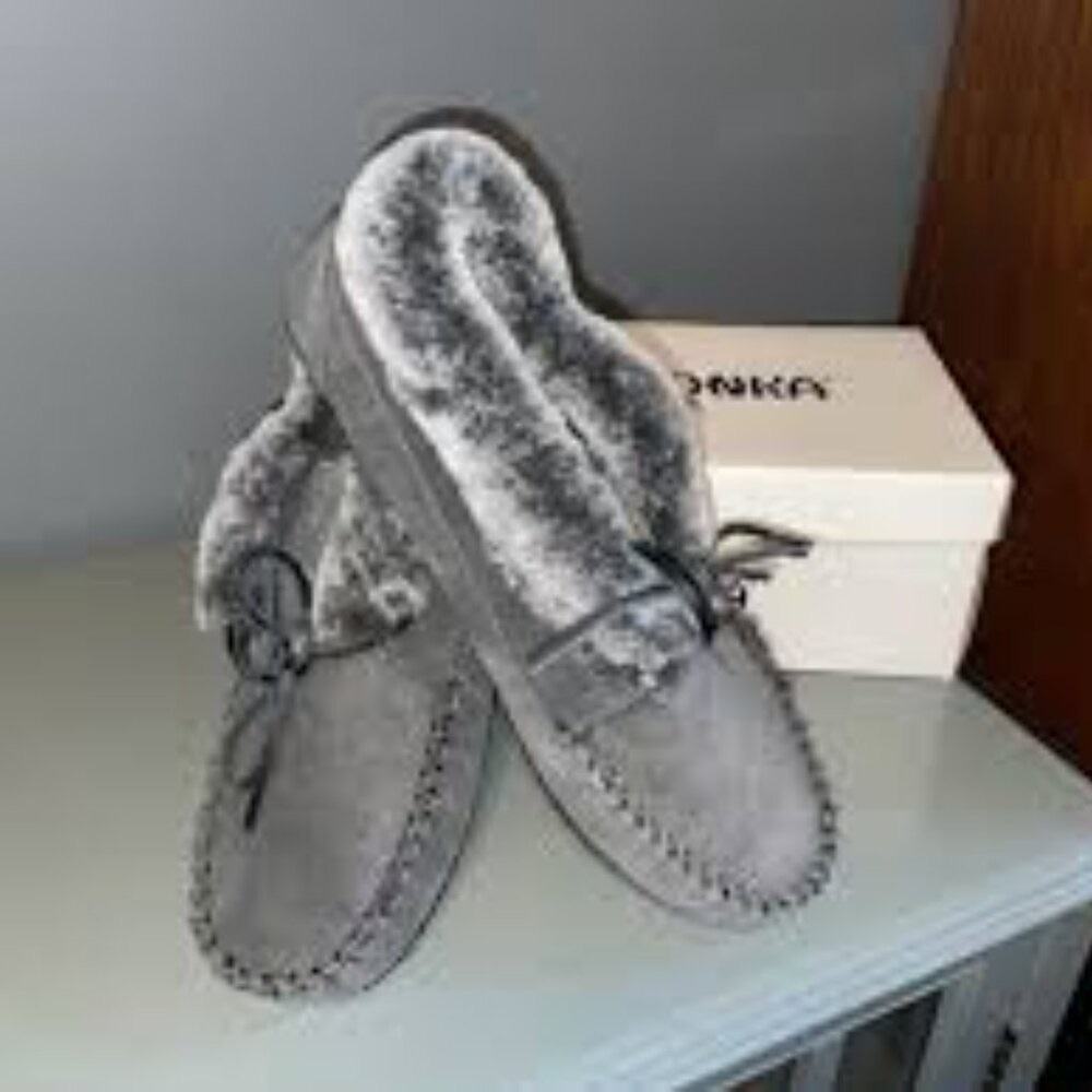 Minnetonka Gray Moccasins with Plush Sherpa Lining